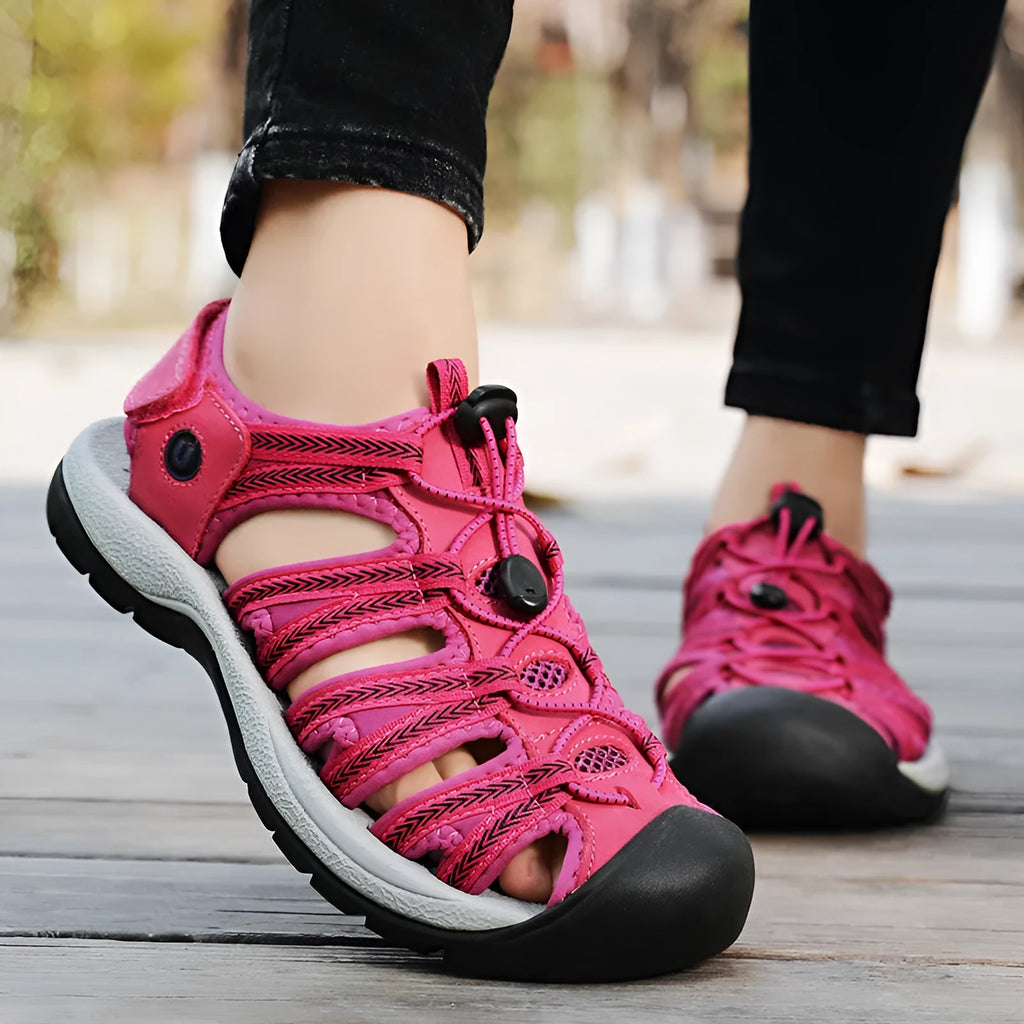 Women's black leather mesh toe box sandals with elastic band fastening