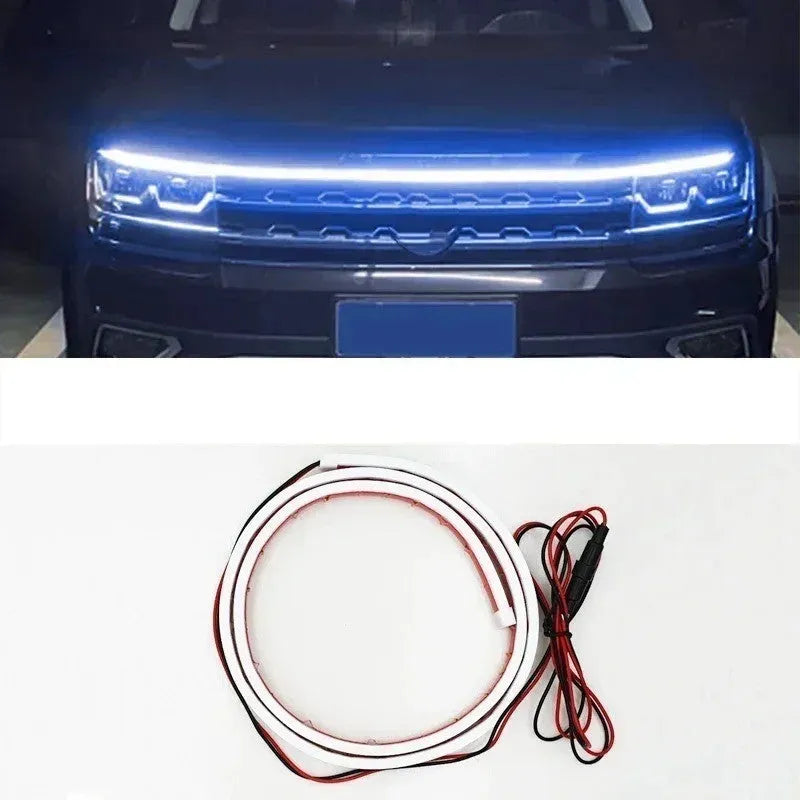 Car daytime running lights LED strip with start scan function in silicone housing showing white illumination