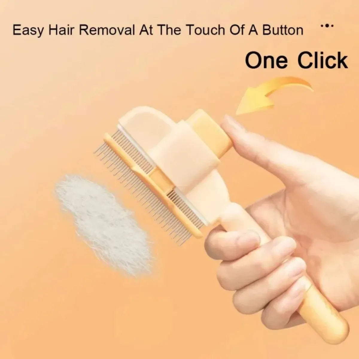 Green and yellow pet grooming brush with one-click hair removal mechanism for dogs