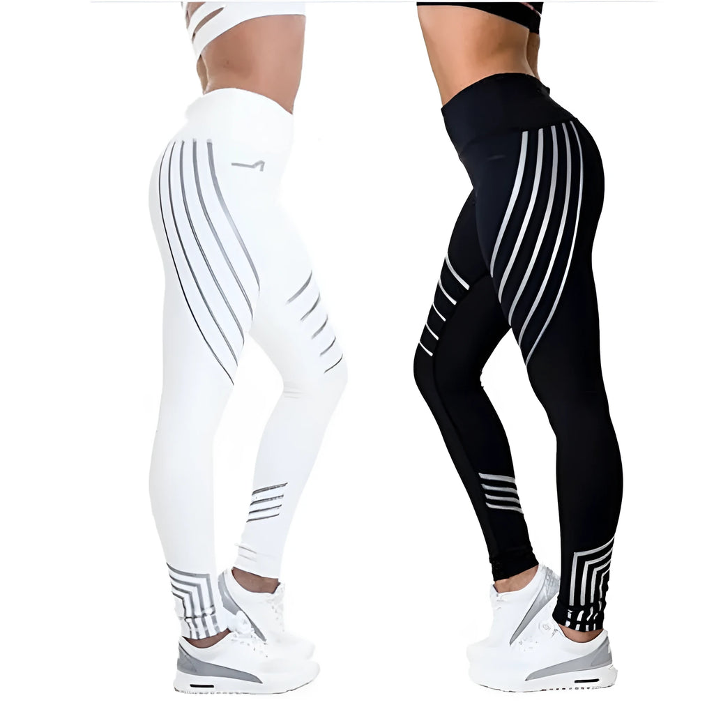 Women's black and white glowing print leggings made from milk silk blend fabric for workouts