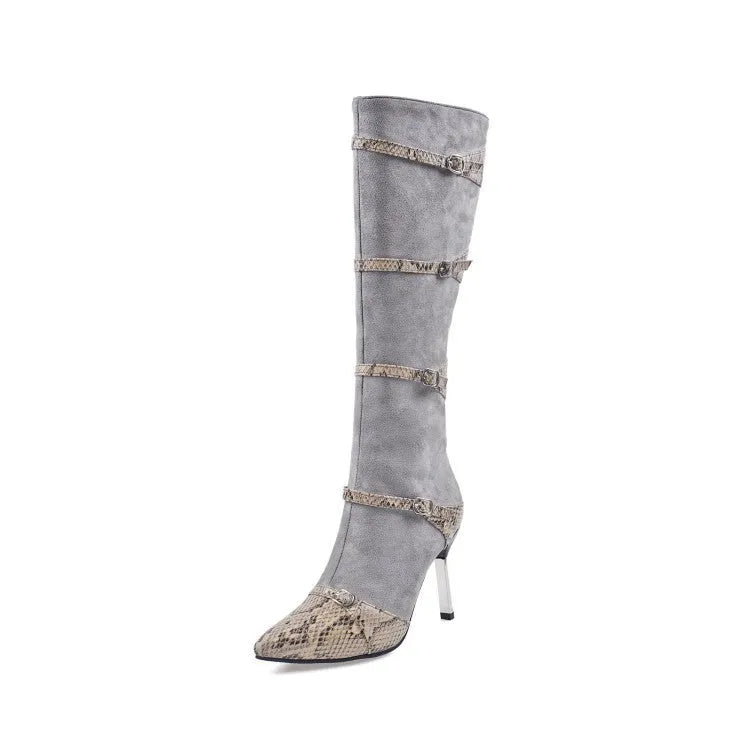 Grey and black women's knee high boots with a thin 9cm high heel on a rubber sole.