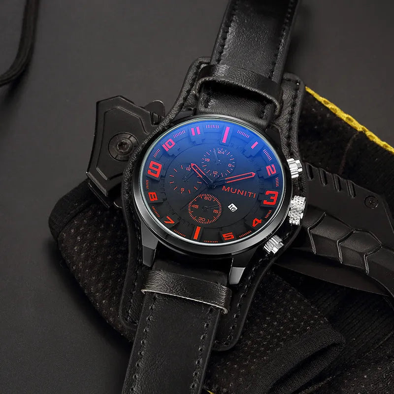 MUNITI Munich men's quartz watch with black metal case, black dial, black PU strap, 48mm dial diameter