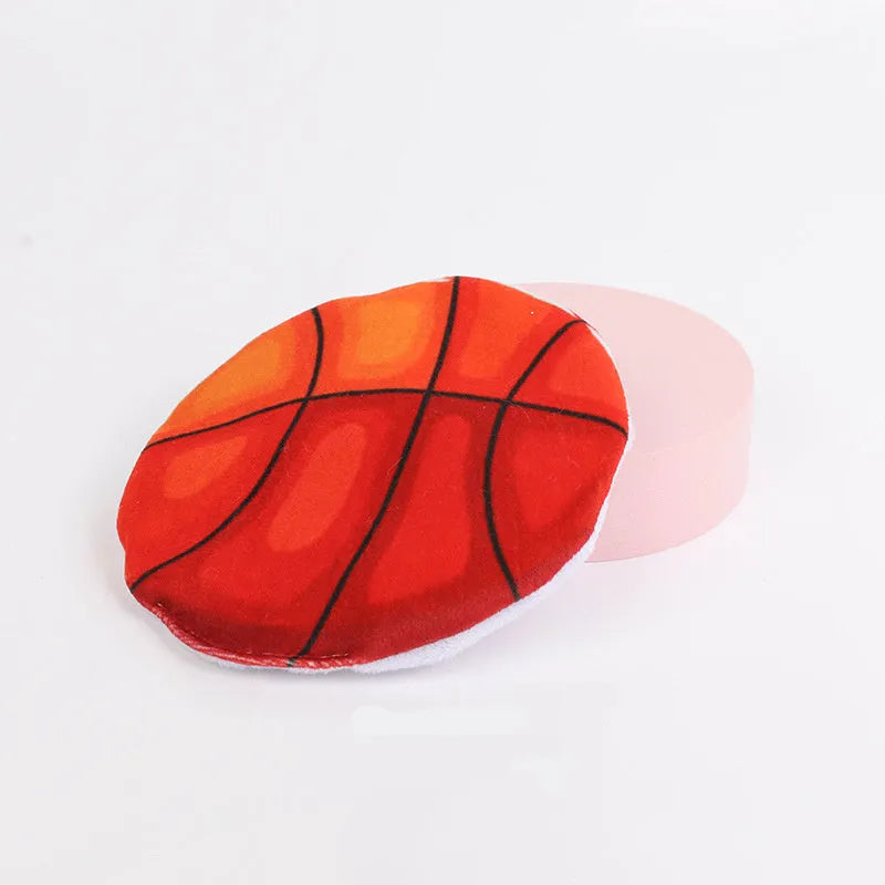 Interactive plush flying disc cat toy with sports ball pattern, containing catnip and crinkle sound.