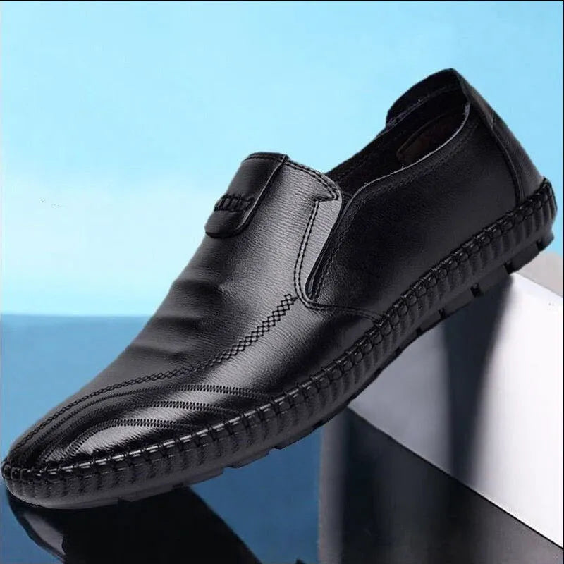 Men's black and brown PU business shoes with flat heel in lace-up and slip-on styles