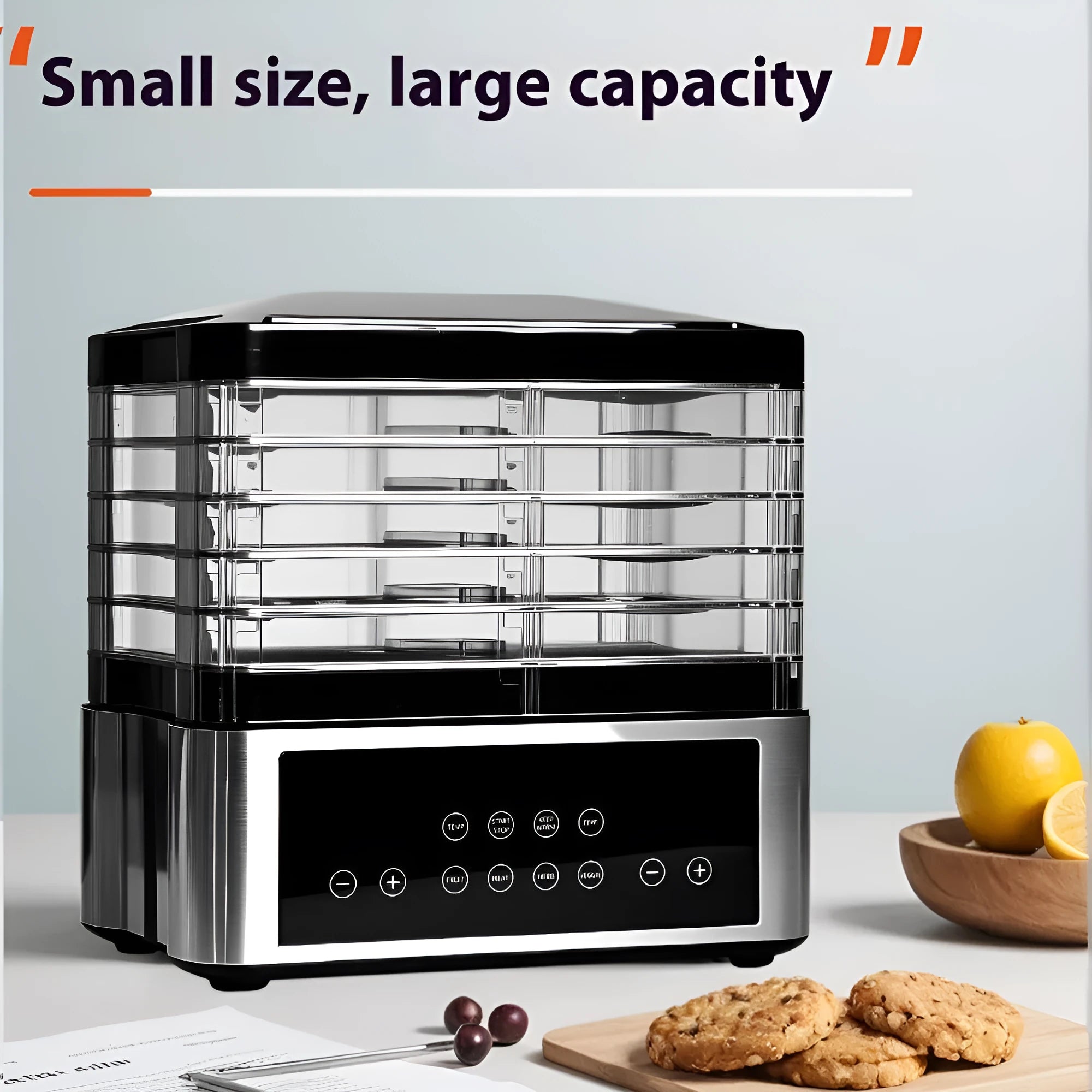 Silver stainless steel household food dehydrator with 14L capacity and temperature control dial