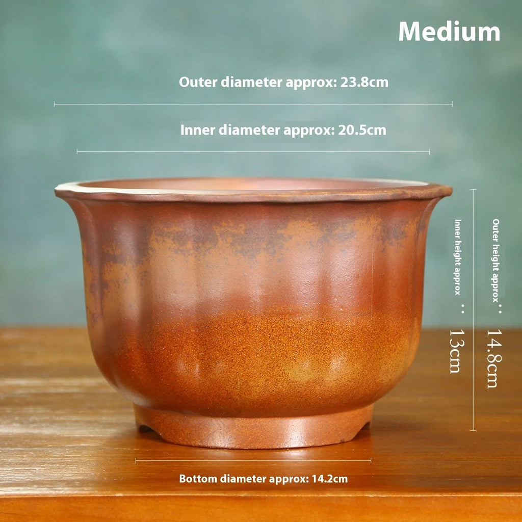 Indoor antique carved purple sand ceramic bonsai pot in large size with wood-grain finish.