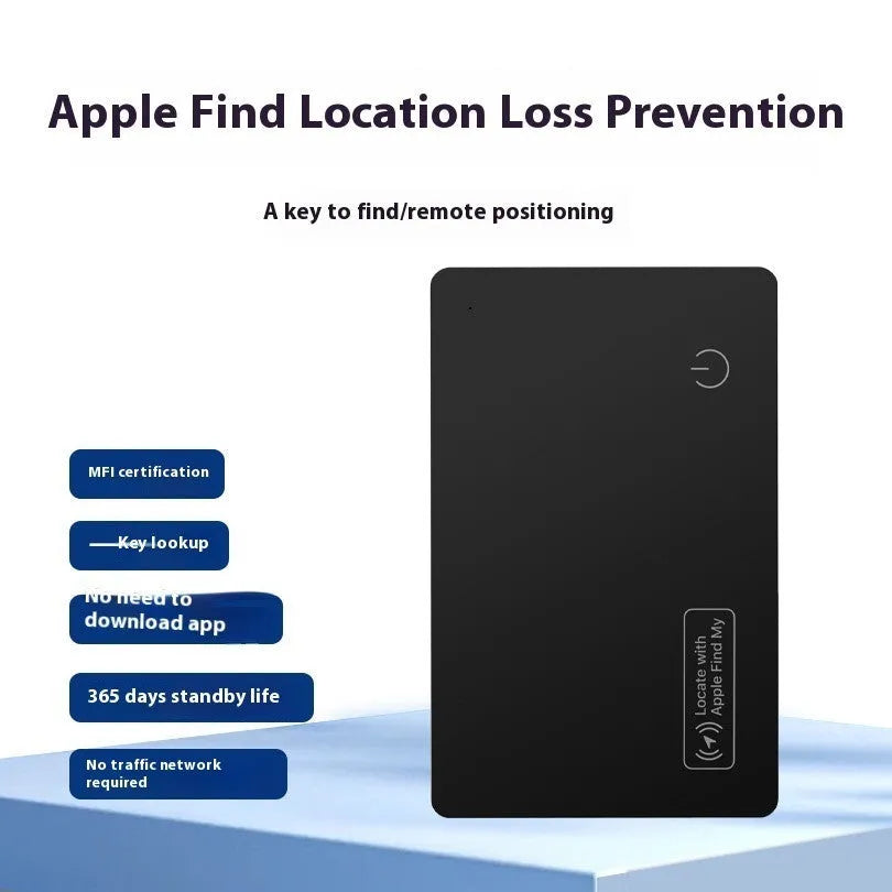 Black ultra-thin anti-loss card for Apple devices showing credit card dimensions and MFI certification