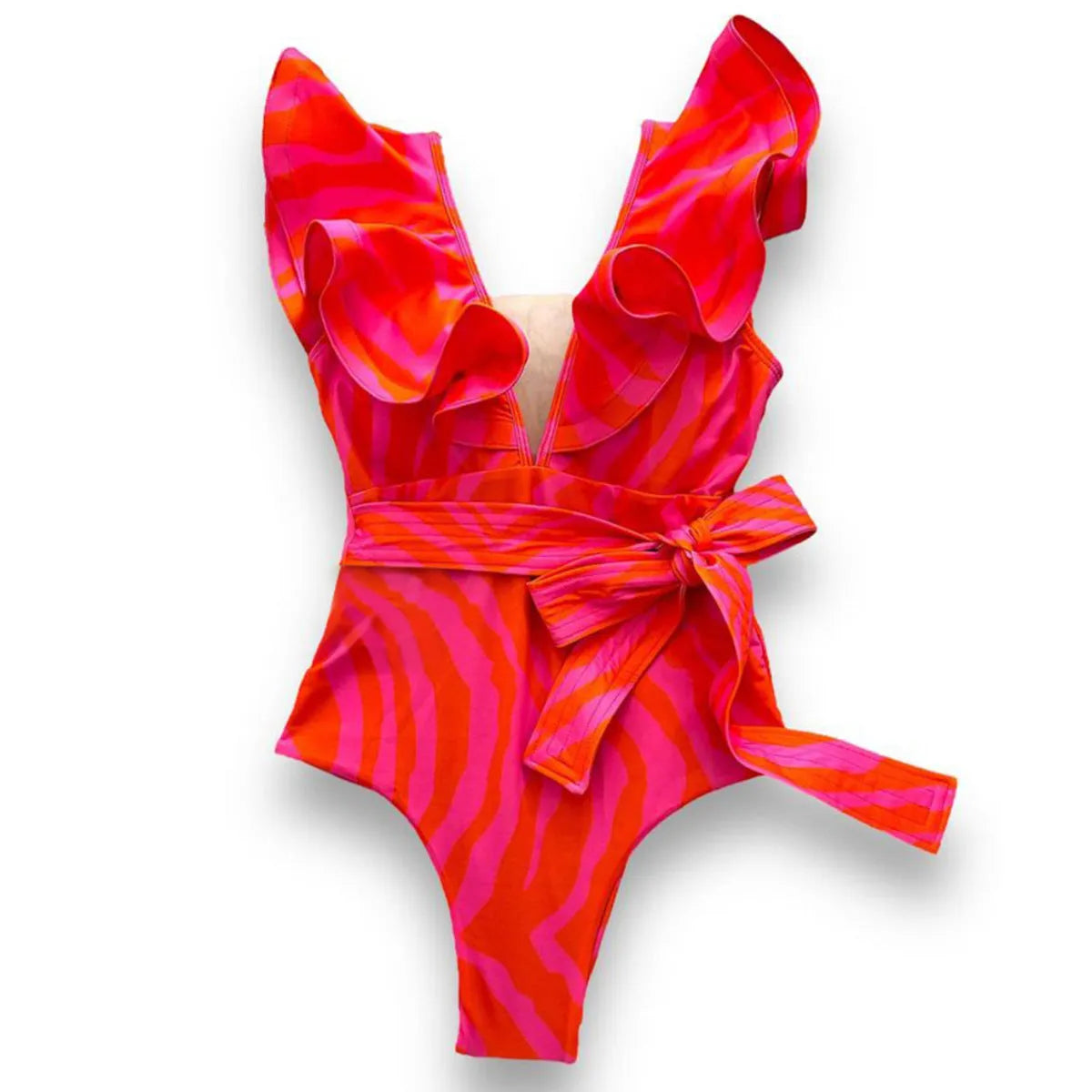 Women's printed one-piece swimsuit with ruffles on both shoulders and a deep V-neck with mesh stitching.
