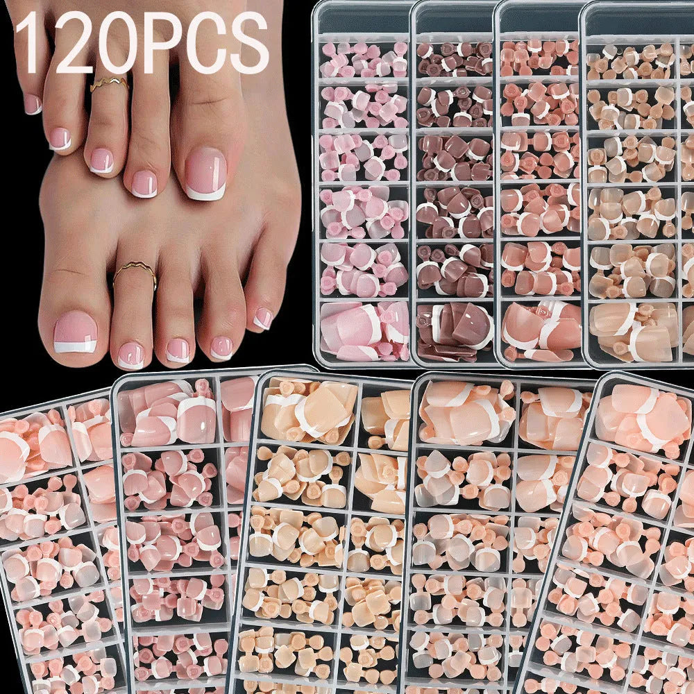 120 French white edge toenail pieces in nine nude shades, short square shape