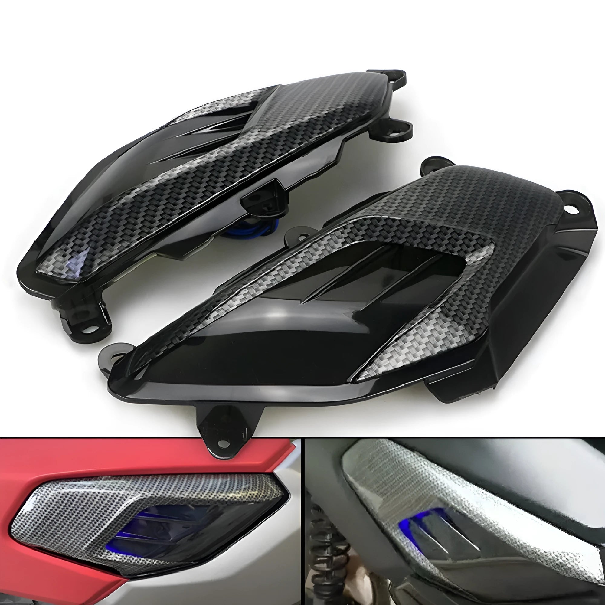 Pair of YAMAHA NMAX LED side lamps in carbon fibre design with blue or red light options