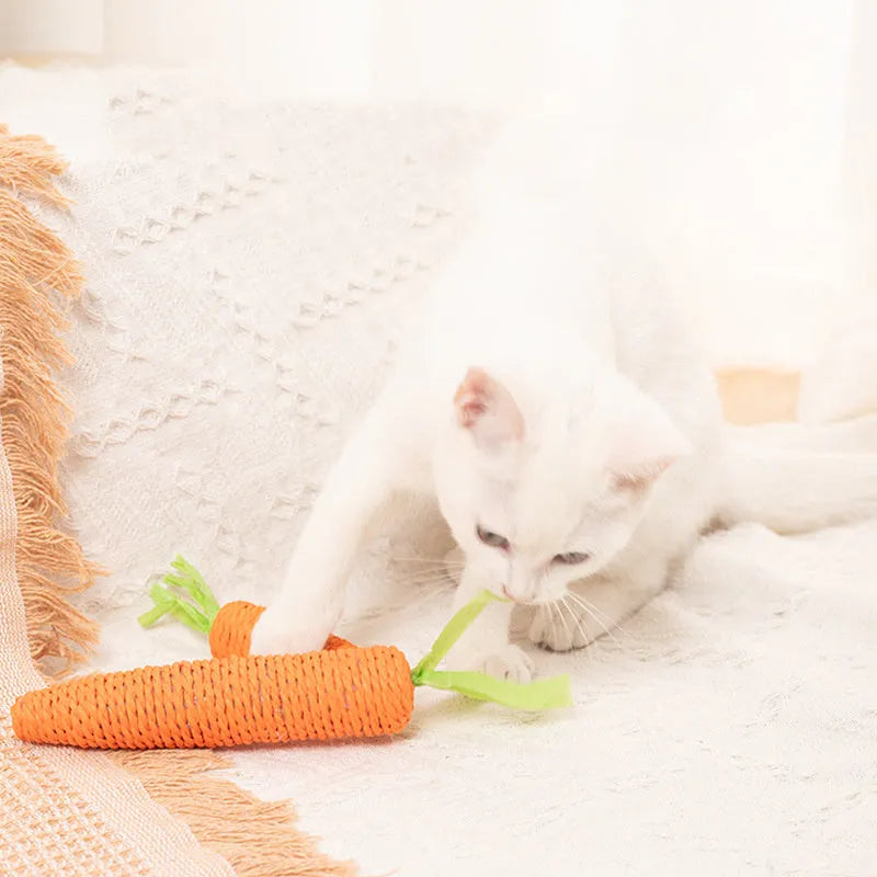 Cat toys collection showing carrot paper toys with ringing stones and tooth grinding sticks in L and S sizes