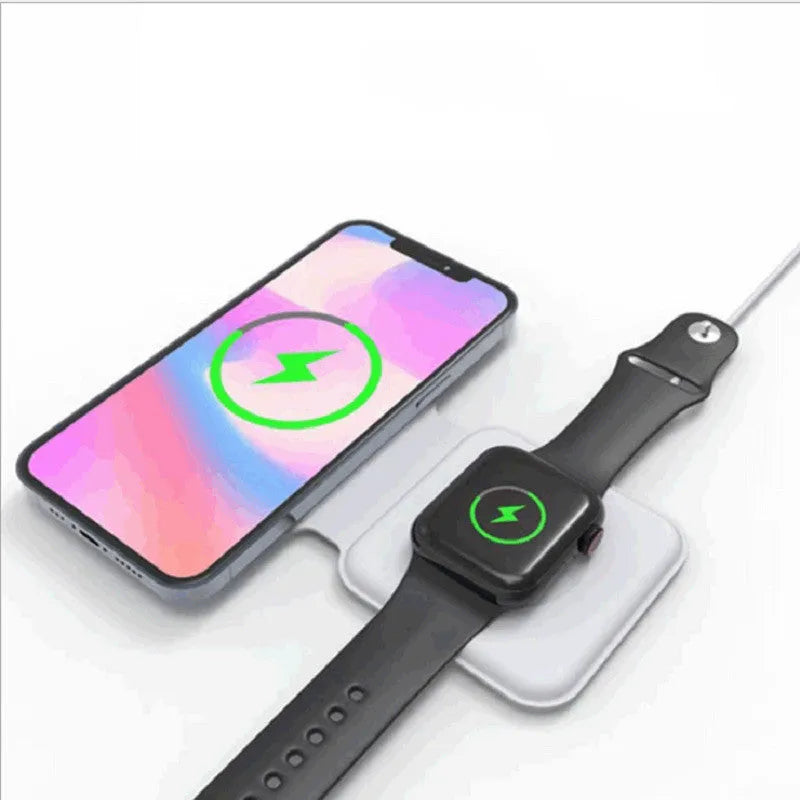 White foldable 2-in-1 magnetic wireless charger for phone and watch, showing 180° hinge.