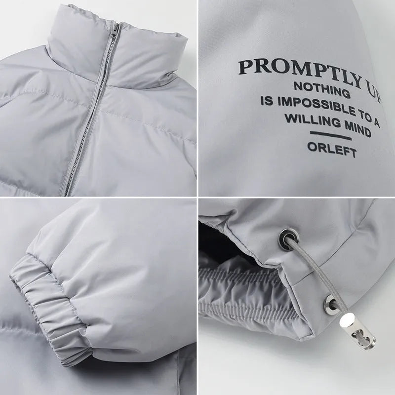 Men's stand collar padded jacket in black, polyester filling, zipper front, side slit pockets, straight hem, loose fit