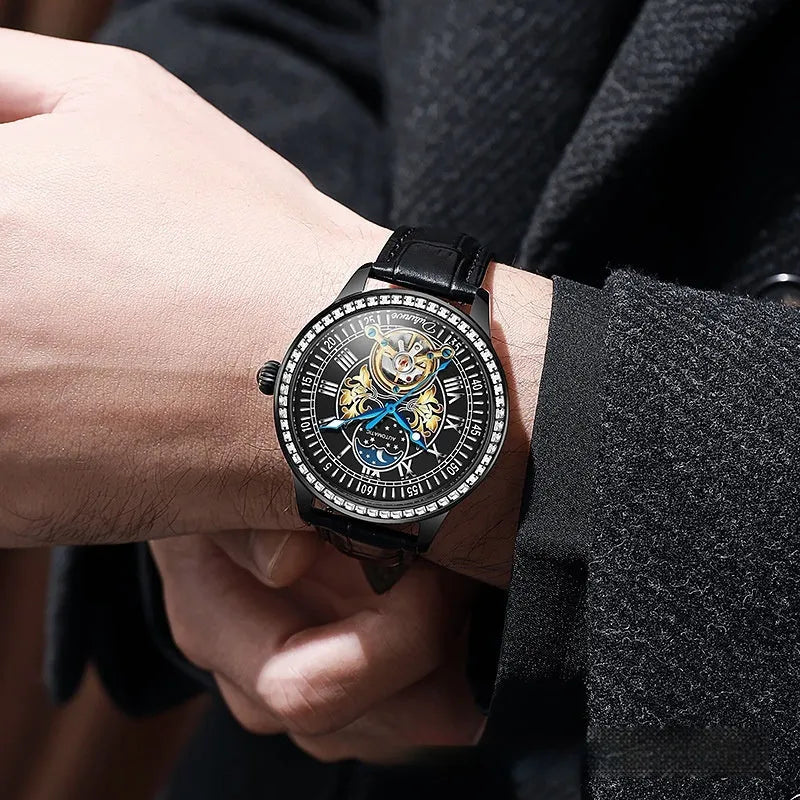 Men's stainless steel waterproof mechanical watch with a round dial and butterfly clasp on a coloured strap.