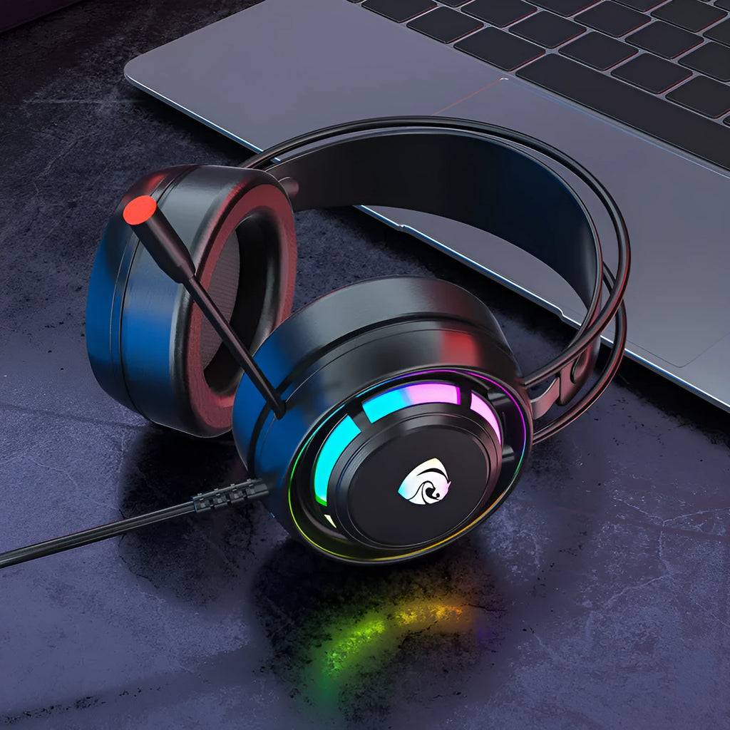 Black wired over-ear computer headphones with a microphone and a choice of 3.5mm or USB plug.