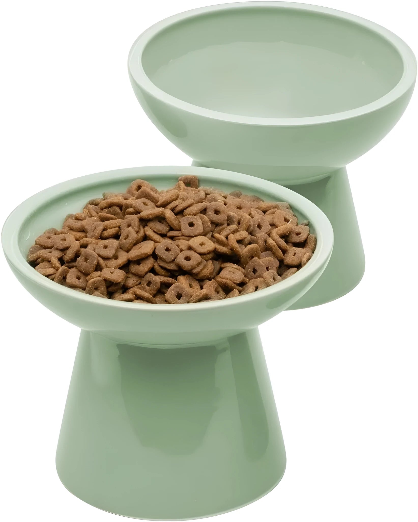 Blue ceramic elevated cat bowl with wide shallow design for comfortable feeding