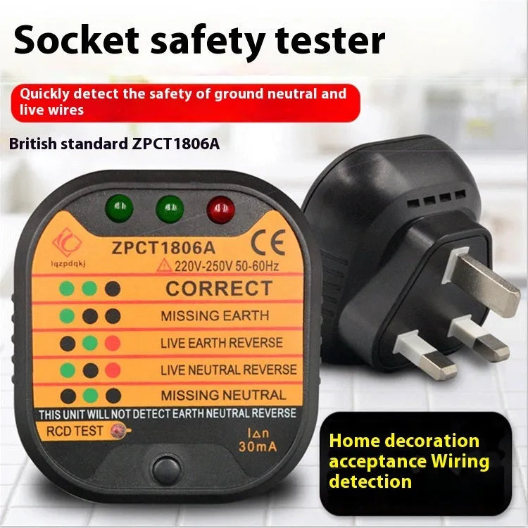 Black electrical socket tester for UK, EU and US plugs showing LED indicators for wiring faults.