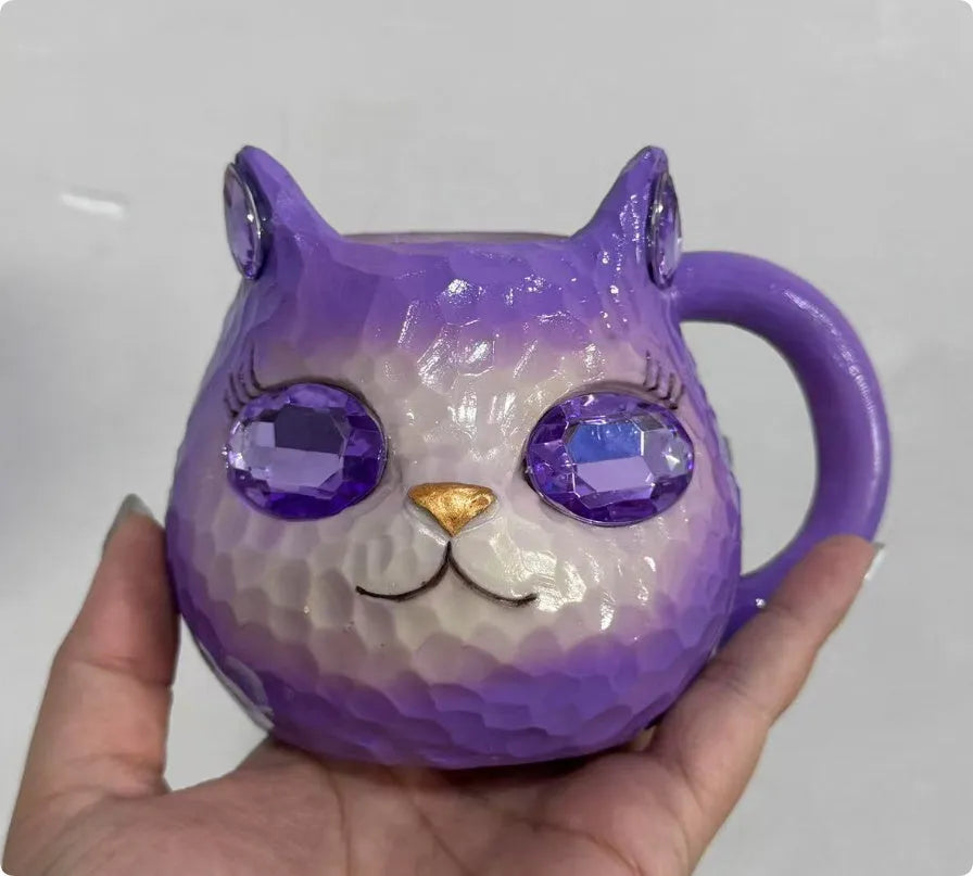 Crystal Earth cat cup resin craft gift in purple, green, blue, and pink colour options.