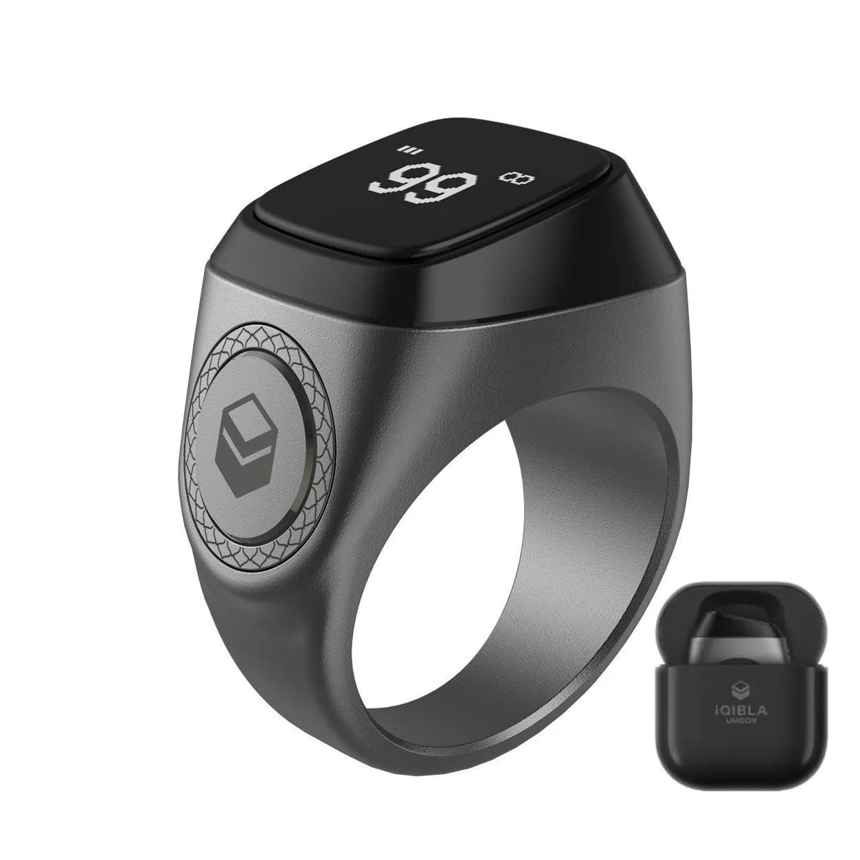 Zikr1 metal smart ring showing OLED display, available in black, green, rose gold, and silver.