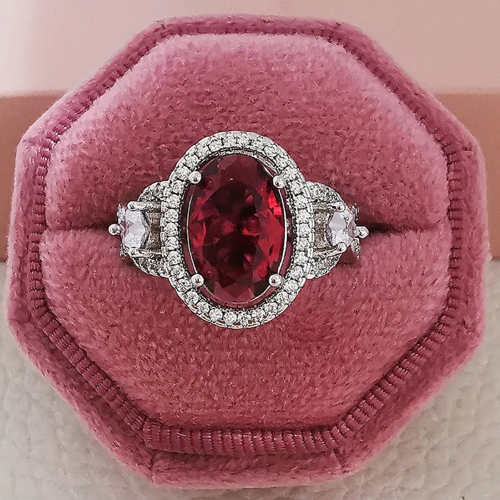 Inlaid ruby zircon ring for women, copper geometric design, red colour, size No 7