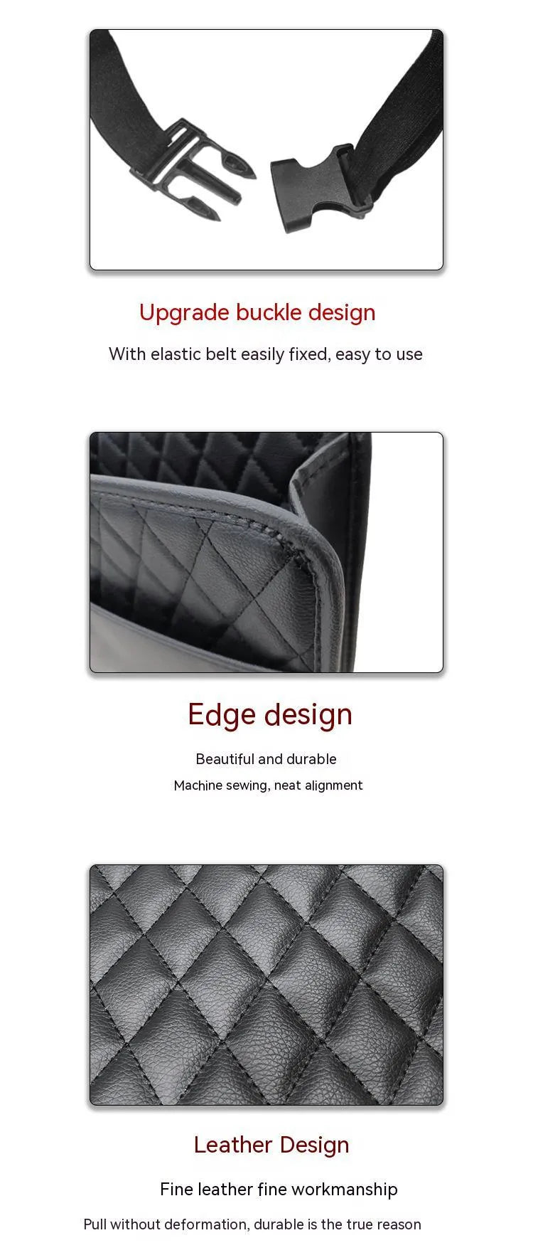Black leather hanging storage bag for car interior, shown with dimensions