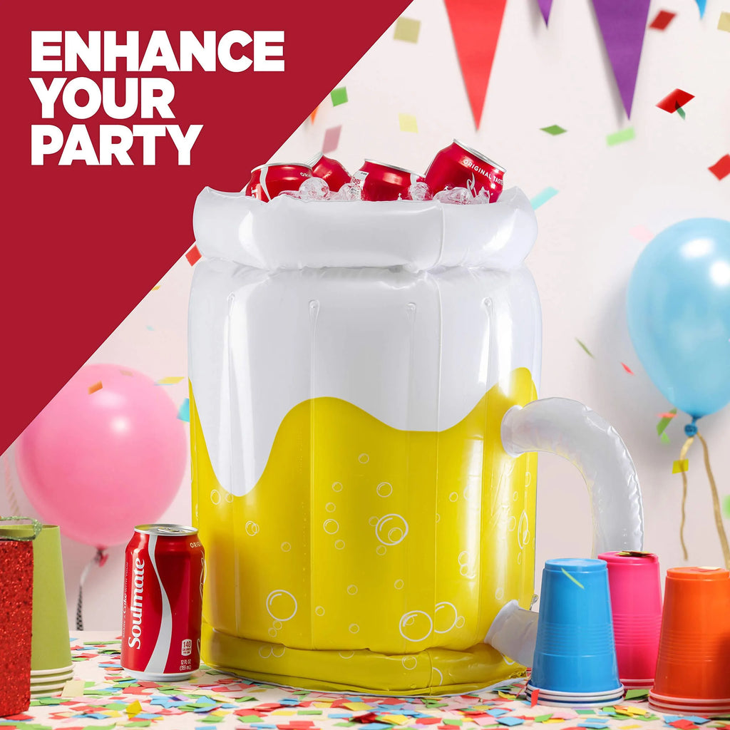 Large yellow inflatable beer mug cooler floating in a pool, showing its 44cm height and drink holders.