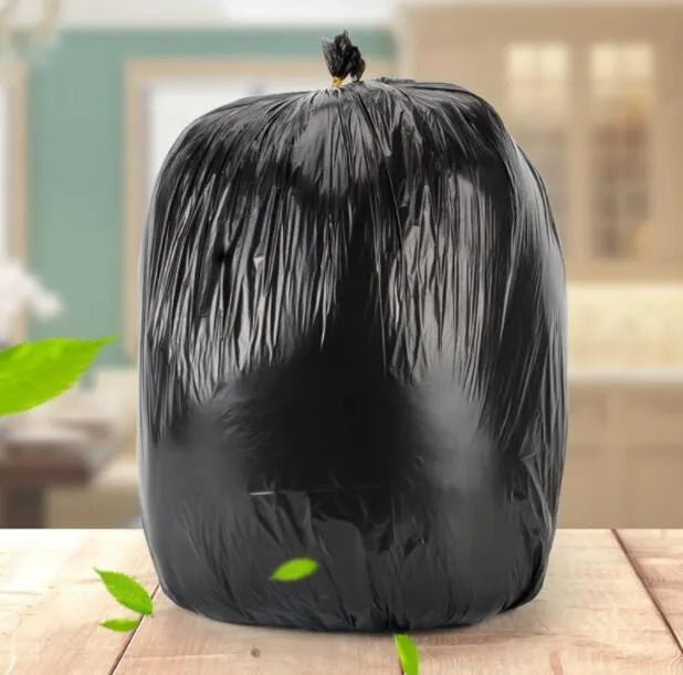 Roll of thickened black disposable plastic bags with flat-mouth design for household use.