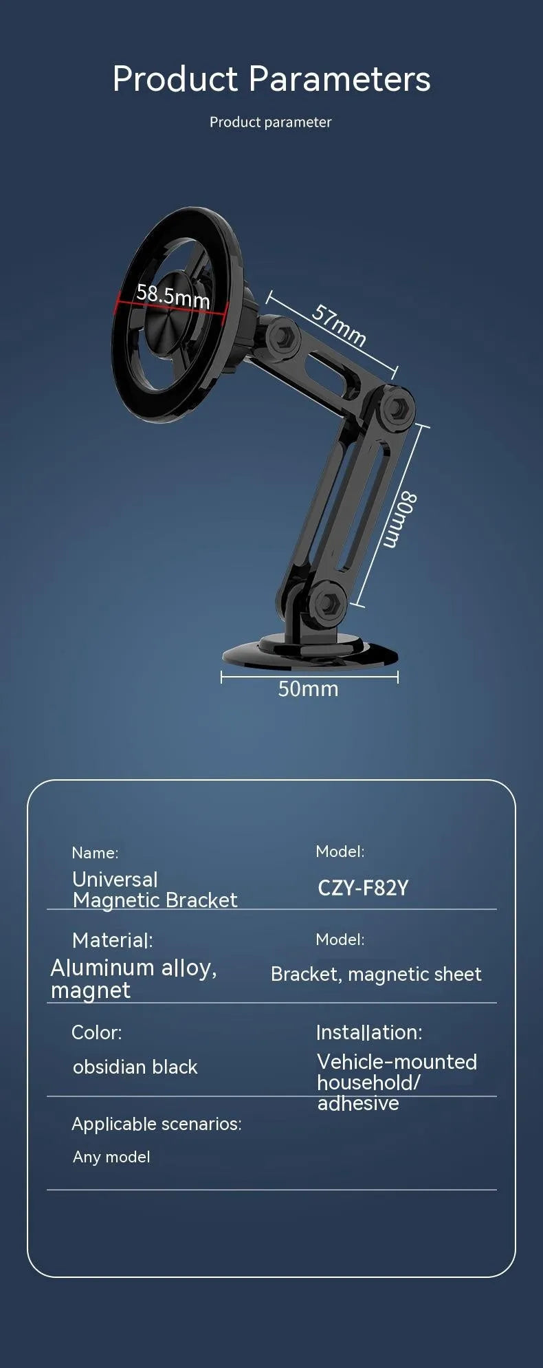 All-metal magnetic car phone holder mounted on a dashboard, showing 360-degree rotation.