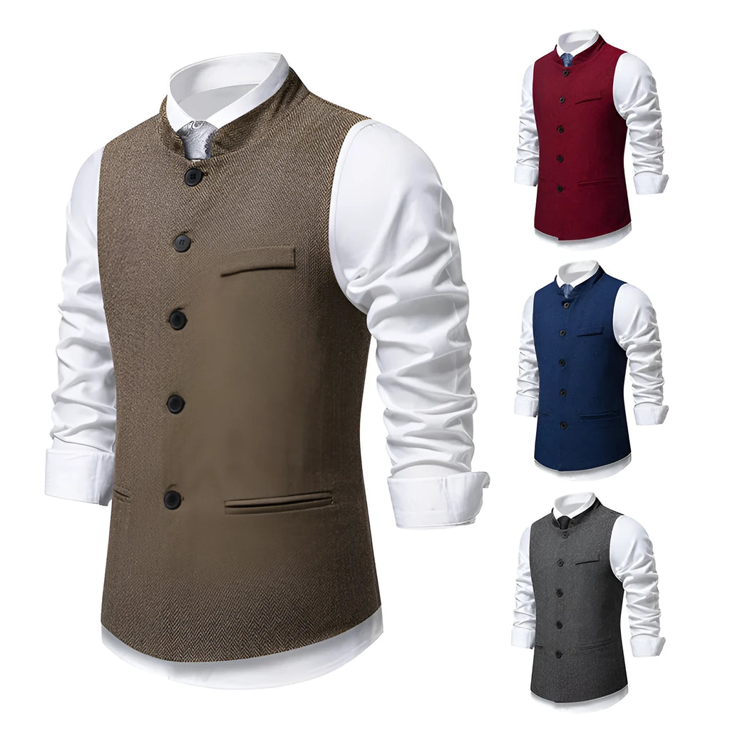 Men's retro stand collar herringbone suit vest in dark gray with top stitching slit pockets, straight fit