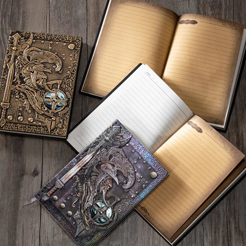 A5 leather notebook with 3D embossed warriors relief design on the cover, shown in bronze colour.