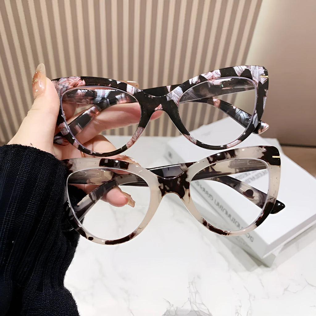 Women's large cat's eye presbyopic glasses with dragon and phoenix decorations on black floral frame