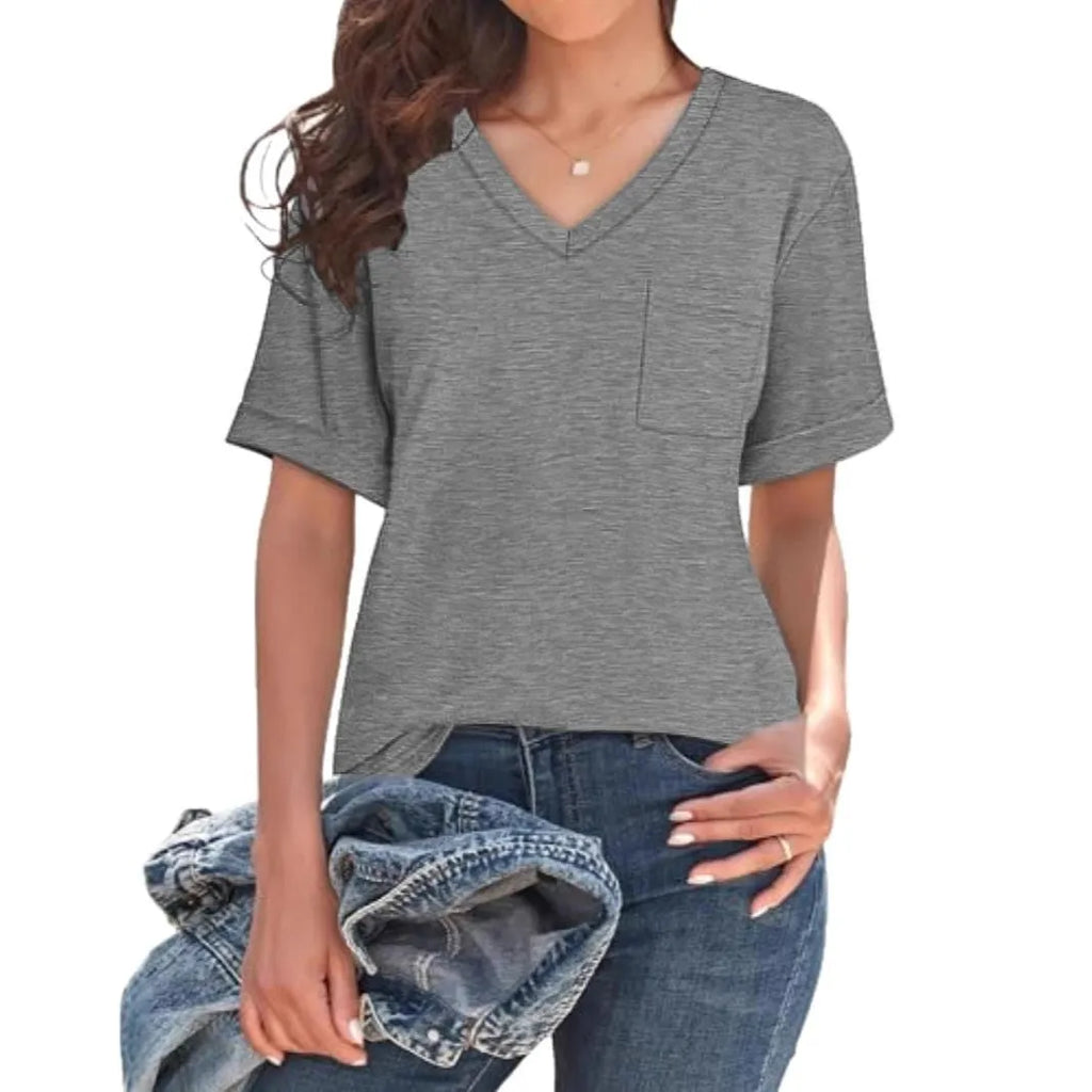 Grey loose-fit V-neck T-shirt with a chest pocket on a solid background