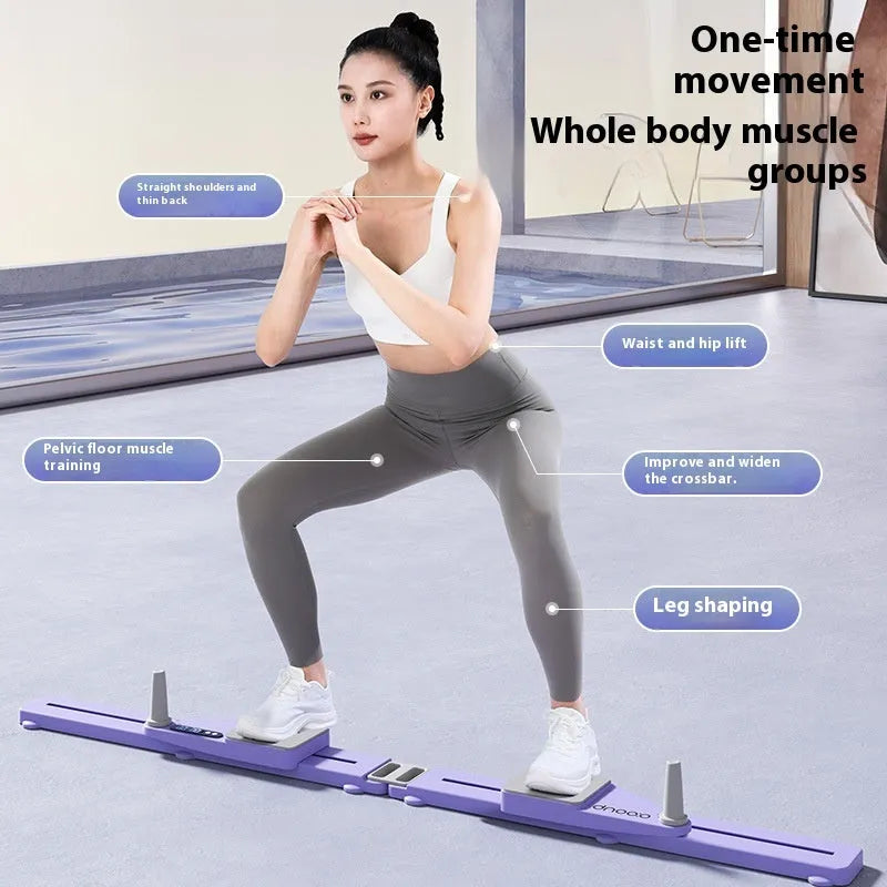 Purple and pink multifunctional split ski machine trainer for indoor fitness, shown with an 85cm long board.