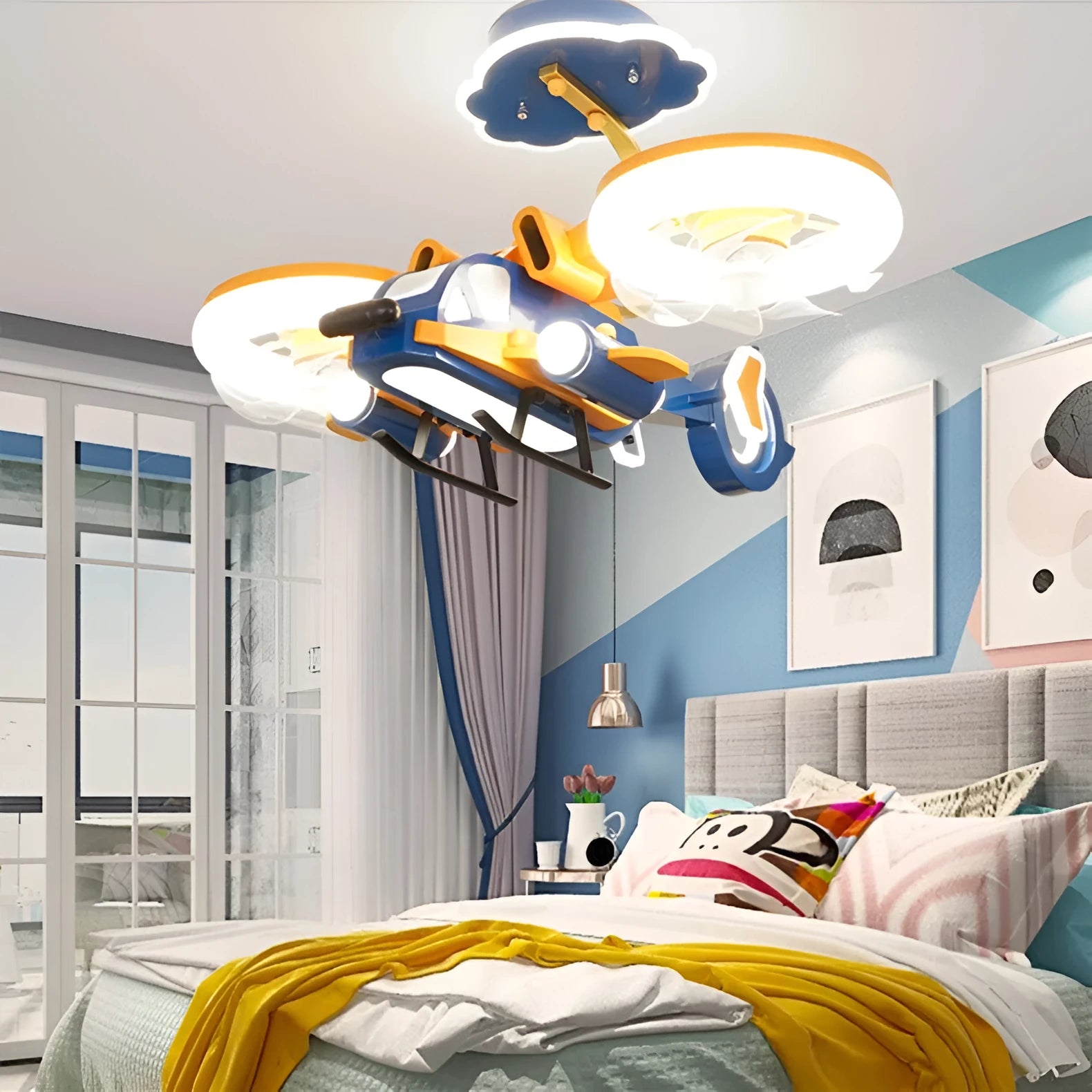 Modern ceiling fan light with yellow and blue acrylic shade and metal blades for large bedrooms