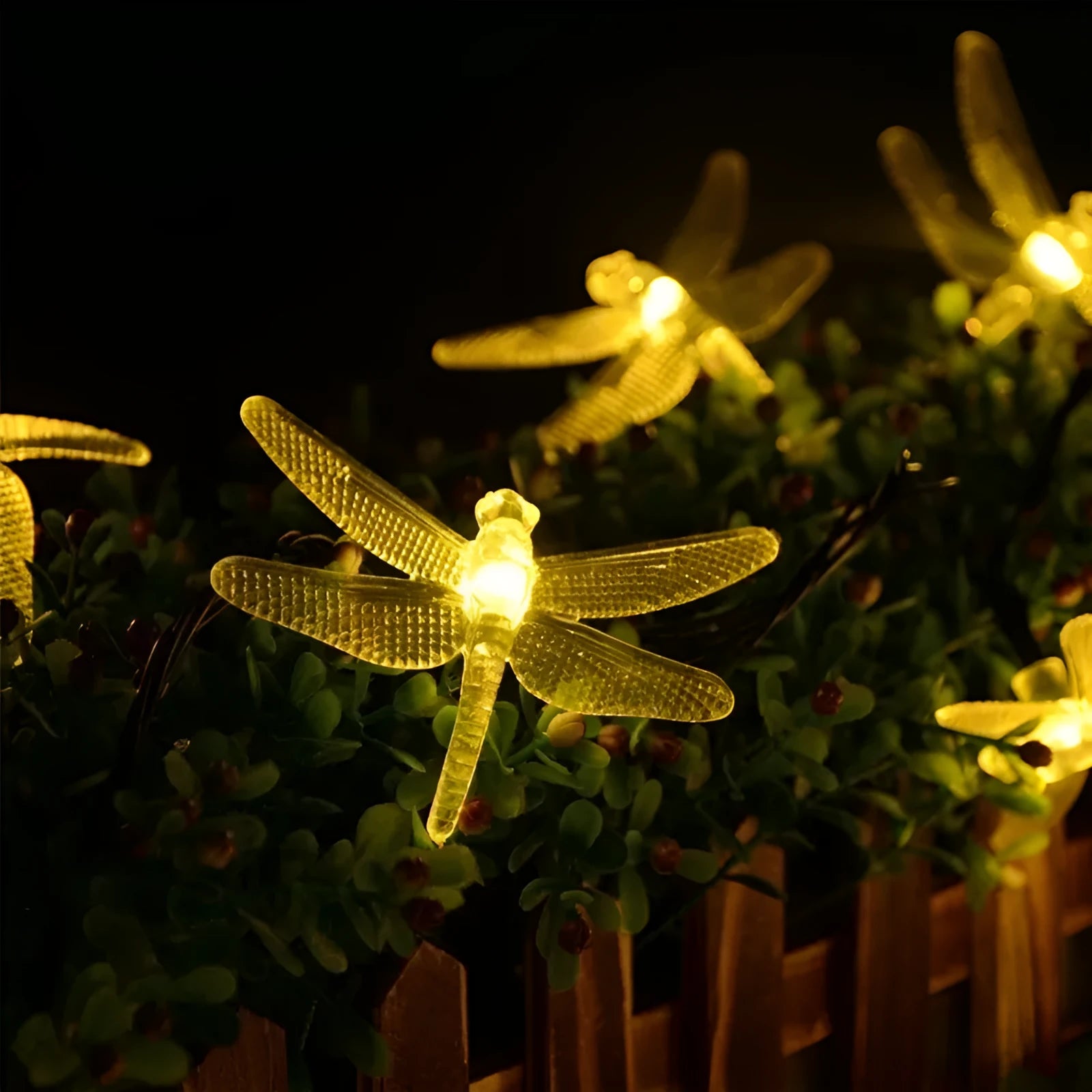 Five-metre solar-powered outdoor string lights with 30 warm white dragonfly-shaped LEDs and a separate solar panel on a spike.