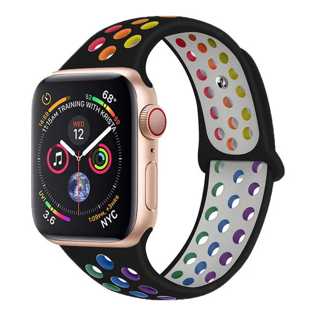 Silicone sports wristband with buckle strap in black, rainbow, or white colours.