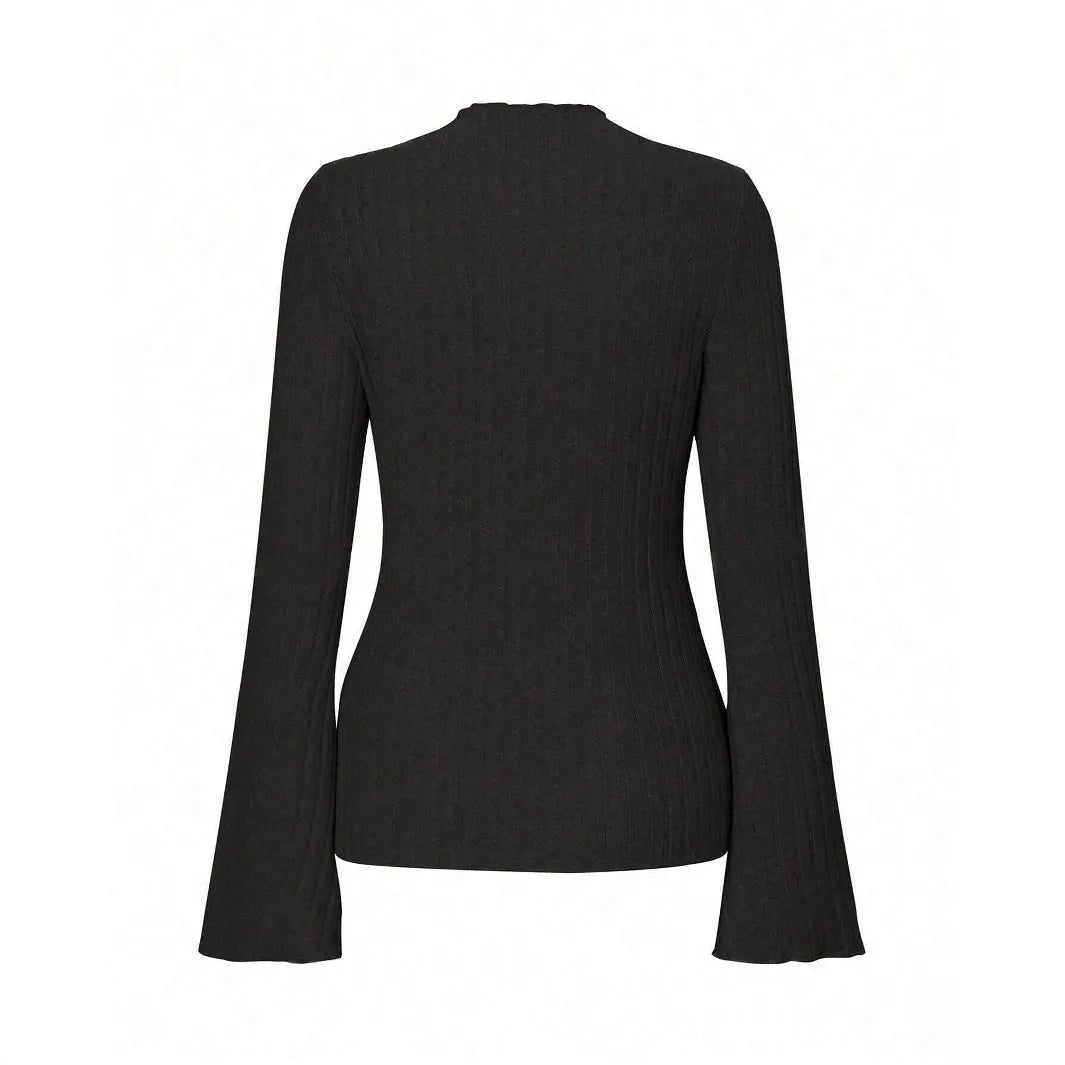Slim-fit long-sleeve top in black with sunken stripe texture and lantern sleeves on a hanger.