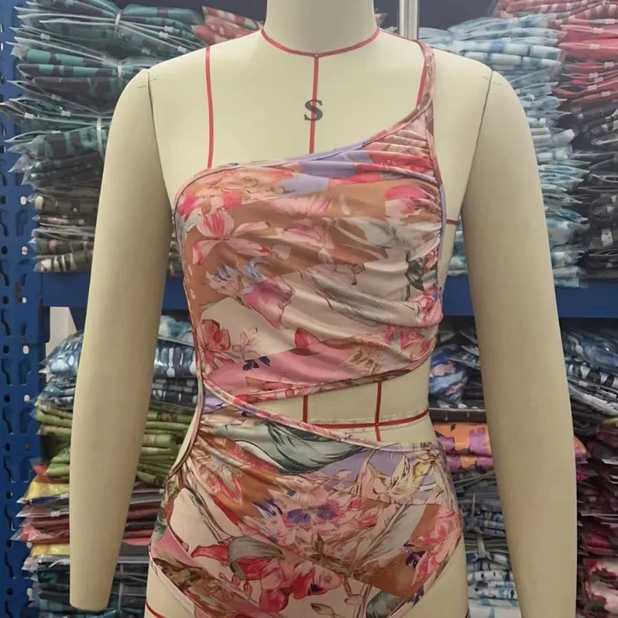 Women's rose gold patterned swimsuit in polyester fabric