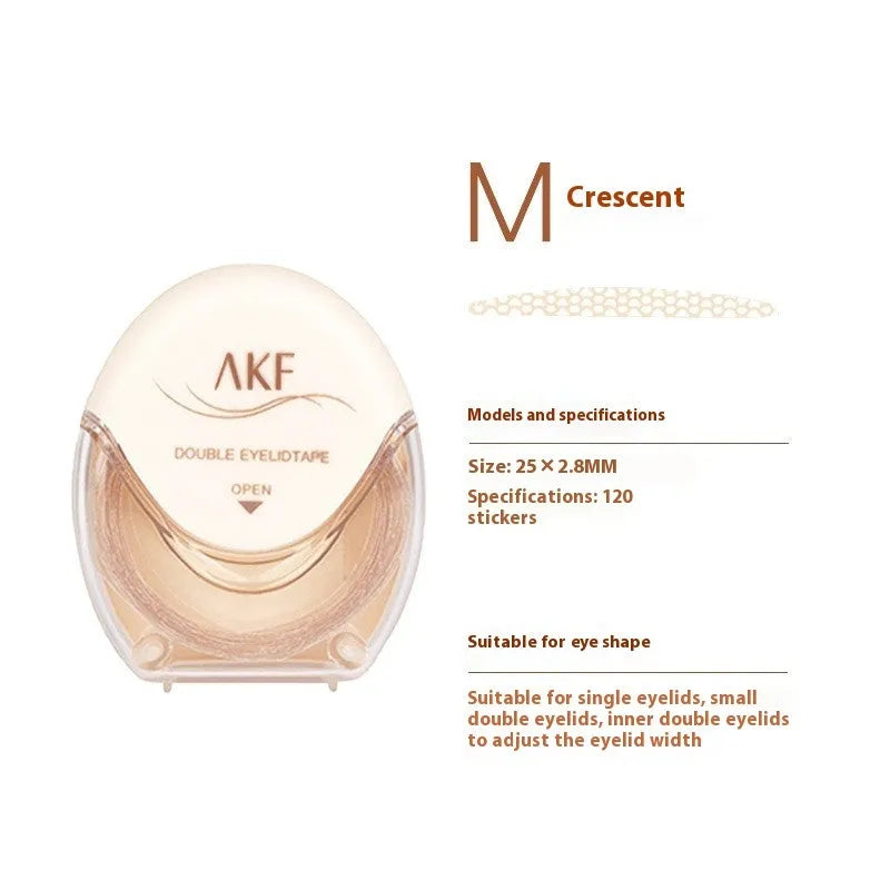 Roll of transparent lace double eyelid stickers, 120 pieces, showing Crescent and Olive shape options.