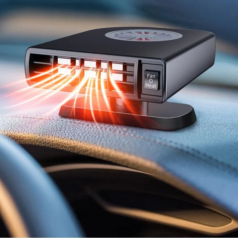 Black 12V vehicle-mounted heater with adjustable mount on a car dashboard.