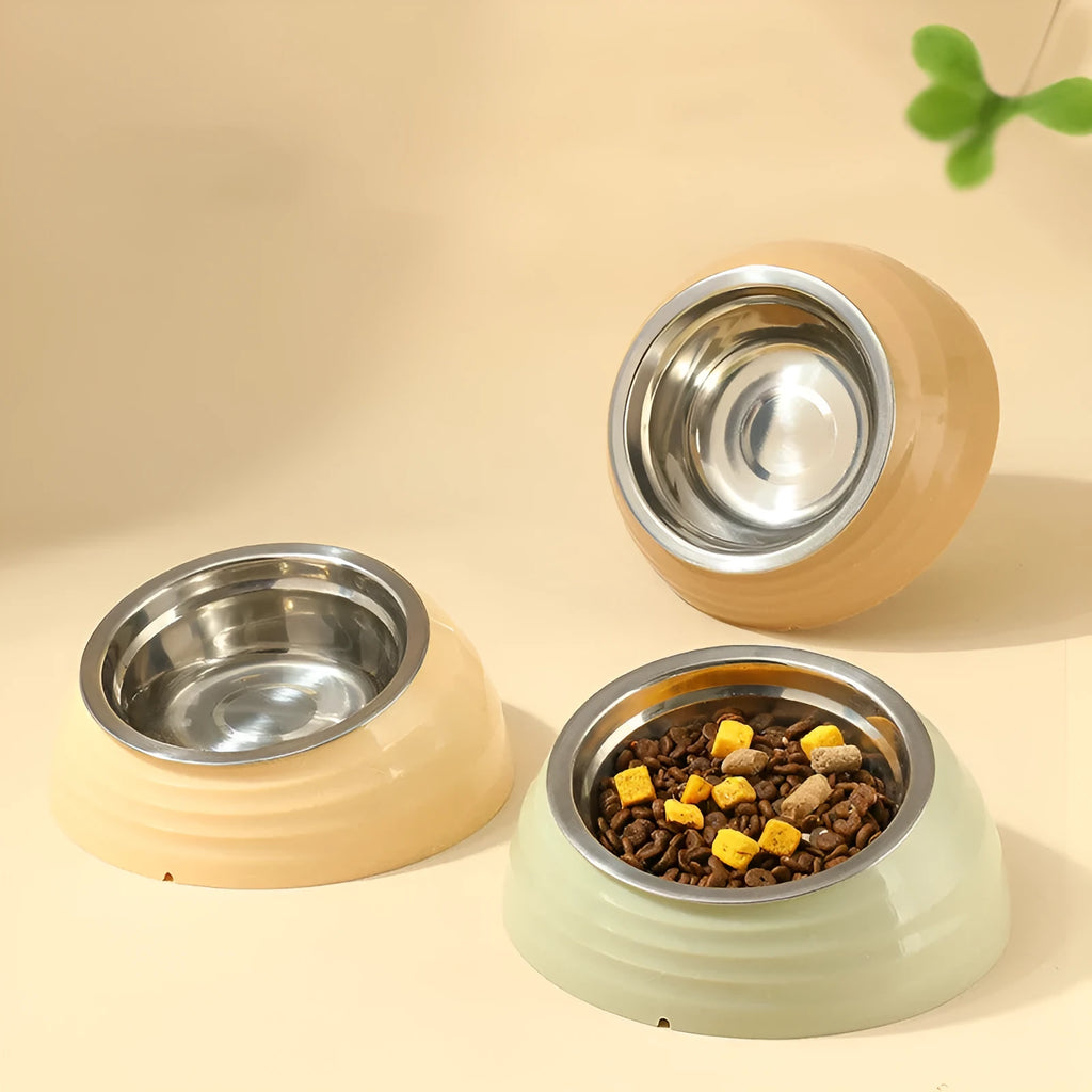 Stainless steel cat bowl with plastic base in light green, beige or brown colour