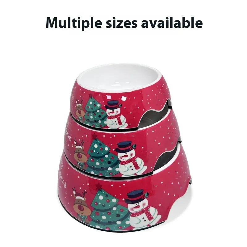 Red Christmas pet bowl with stainless steel inner layer and melamine outer shell in three size options