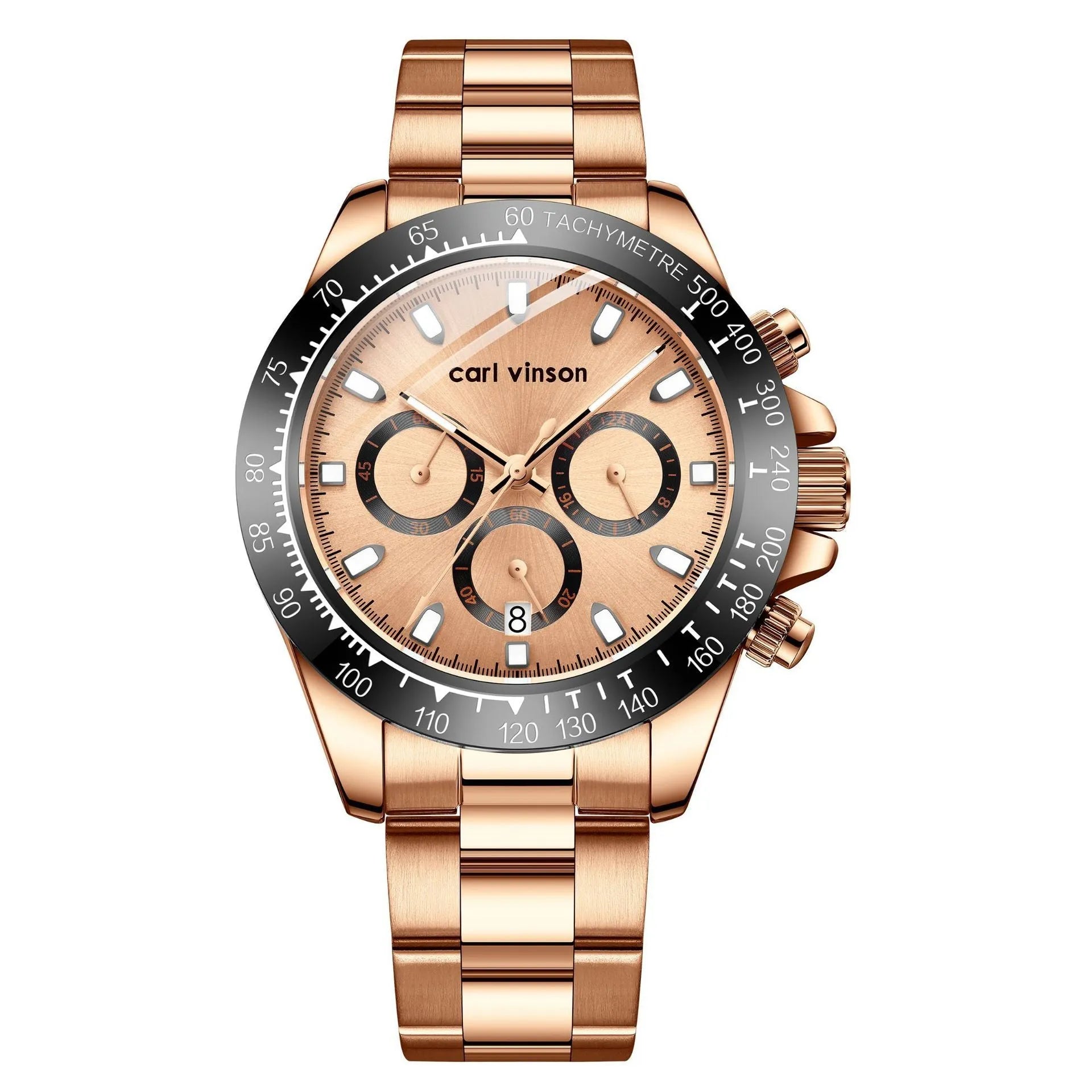 Men's casual quartz watch with luminous dial and calendar, gold shell gold surface