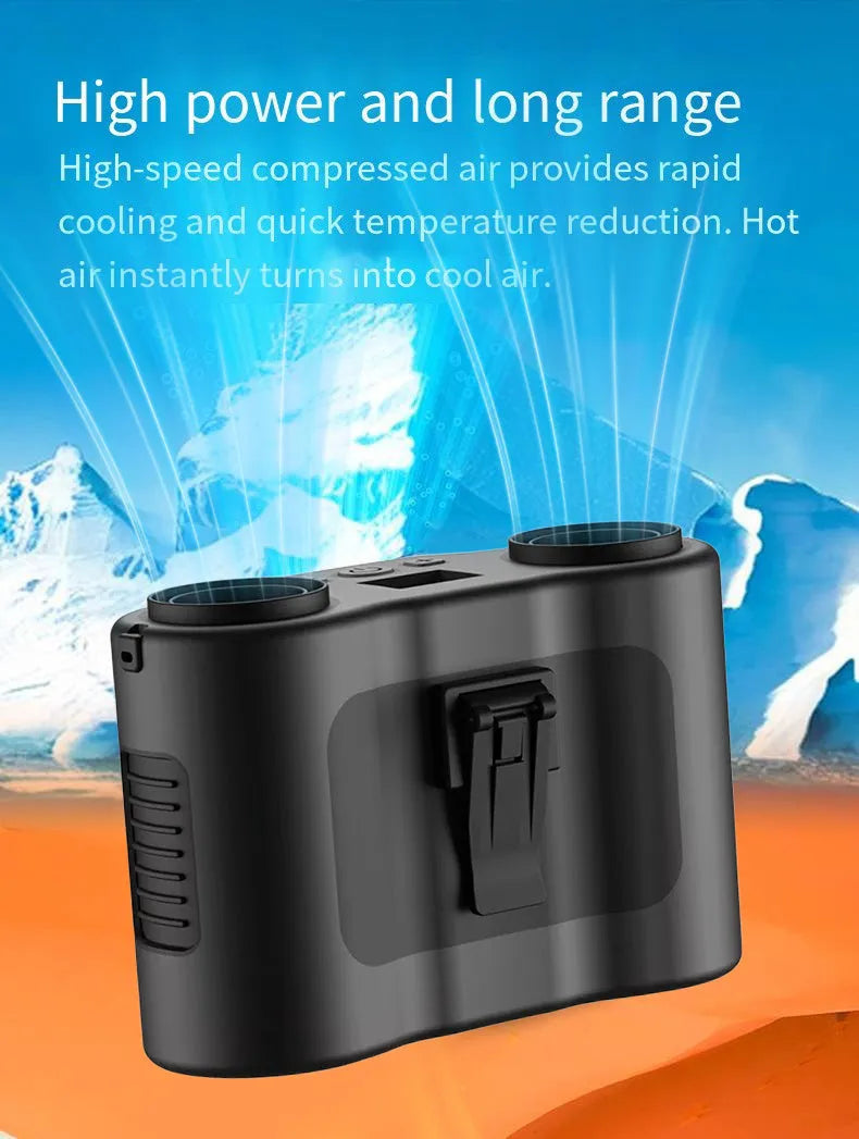 Black waist-hung portable personal fan with neck lanyard, shown in hand-held and hanging modes.