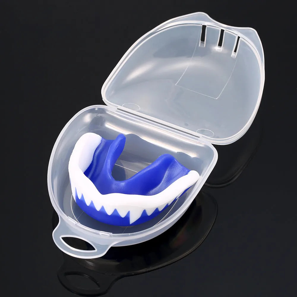 Adult boxing mouthguard with box, food grade EVA mouldable teeth guard in black, red, blue, green, white, 6.5 x 4.6cm