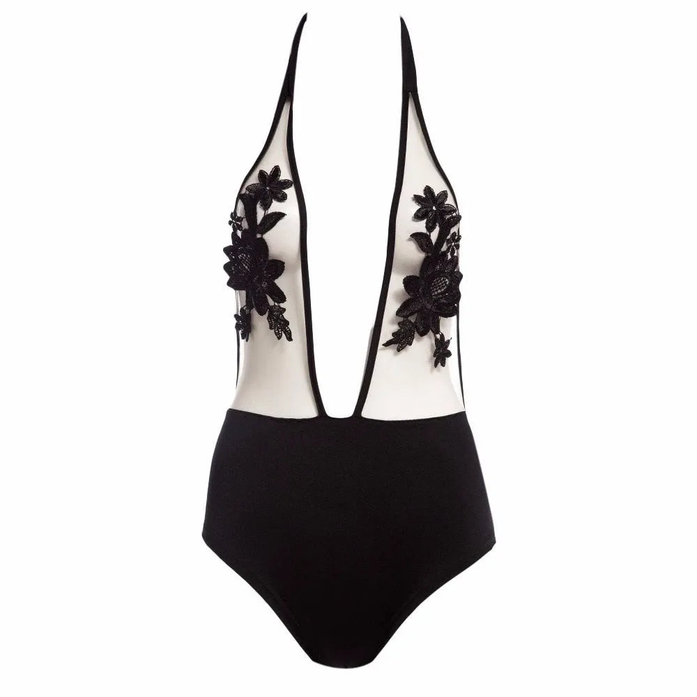 Embroidered halter siamese bikini set for women in black, white, and wine red with polyester fabric