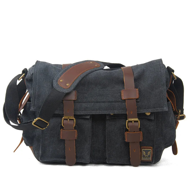 Army Green men's retro canvas crossbody shoulder bag with leather trim showing flap and internal organiser pockets.