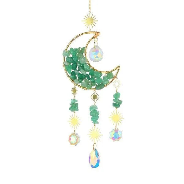 Silver metal holder with a large white K9 crystal moon pendant for car rear view mirror.