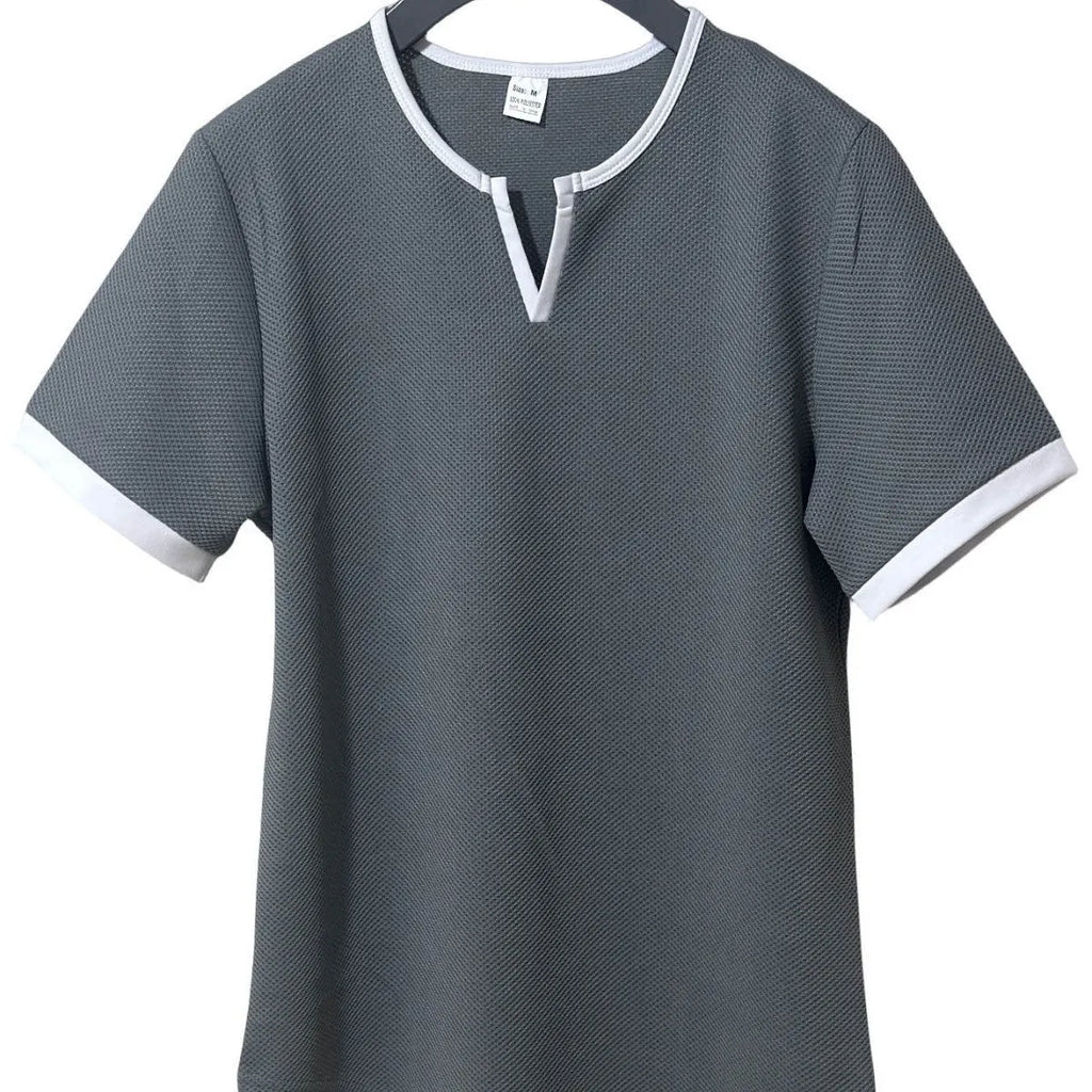 Short sleeve waffle texture t-shirt with colour-block V-neck in army green