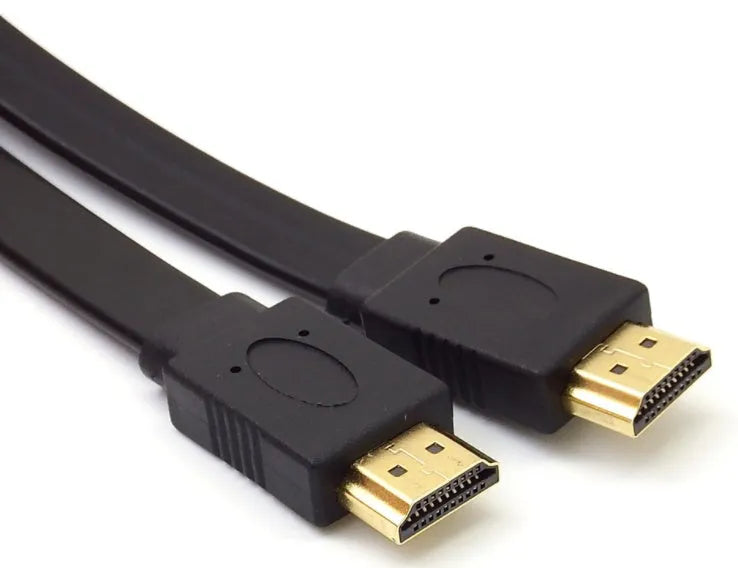 Flat black HDMI cable with male connectors, shown in multiple available lengths for AV connections.
